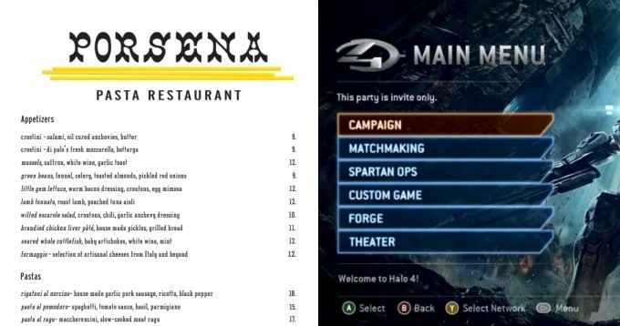 Game and Restaurant Menu Comparison