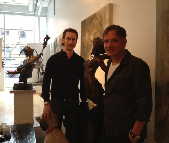 The author (left) with André Desjardins, and his sculpture Devenir.