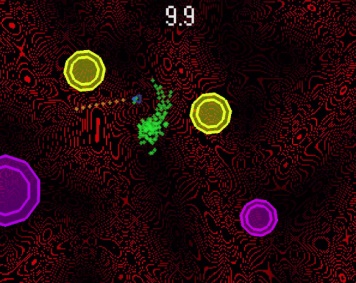 An early prototype of Particle Mace. The orange projectiles would eventually be removed, and the green shields repurposed into the mace.